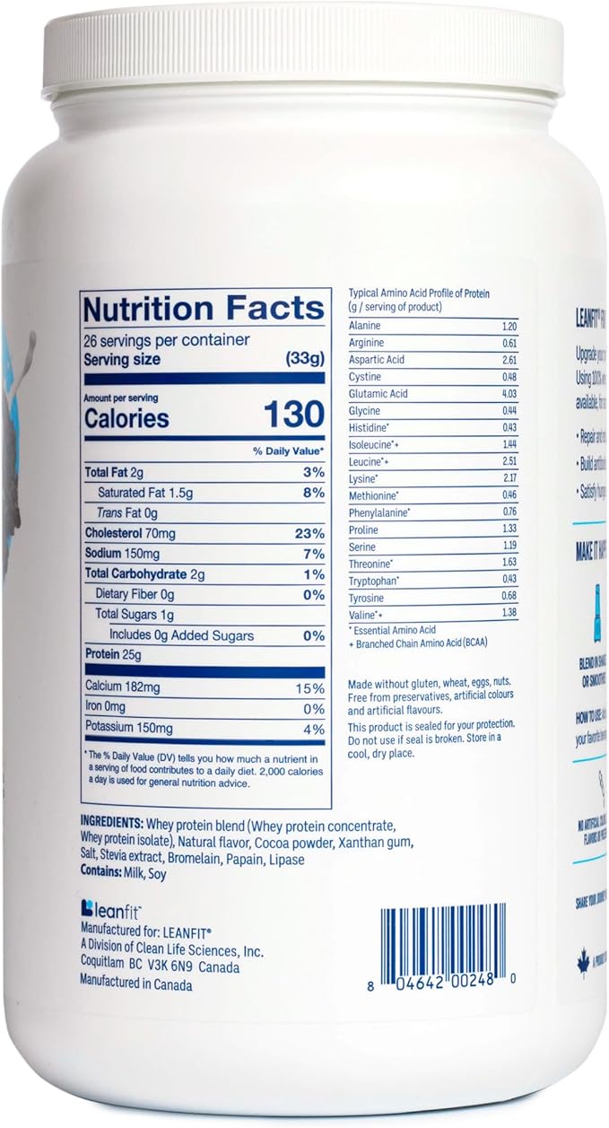 LeanFit WHEY Protein Cookies & Cream - 100% Whey Protein Powder, 25g Protein Per Serving - Grass-Fed, Gluten-Free, BCAAs, Amino Acid - 26 Servings, 1.88 lb Tub