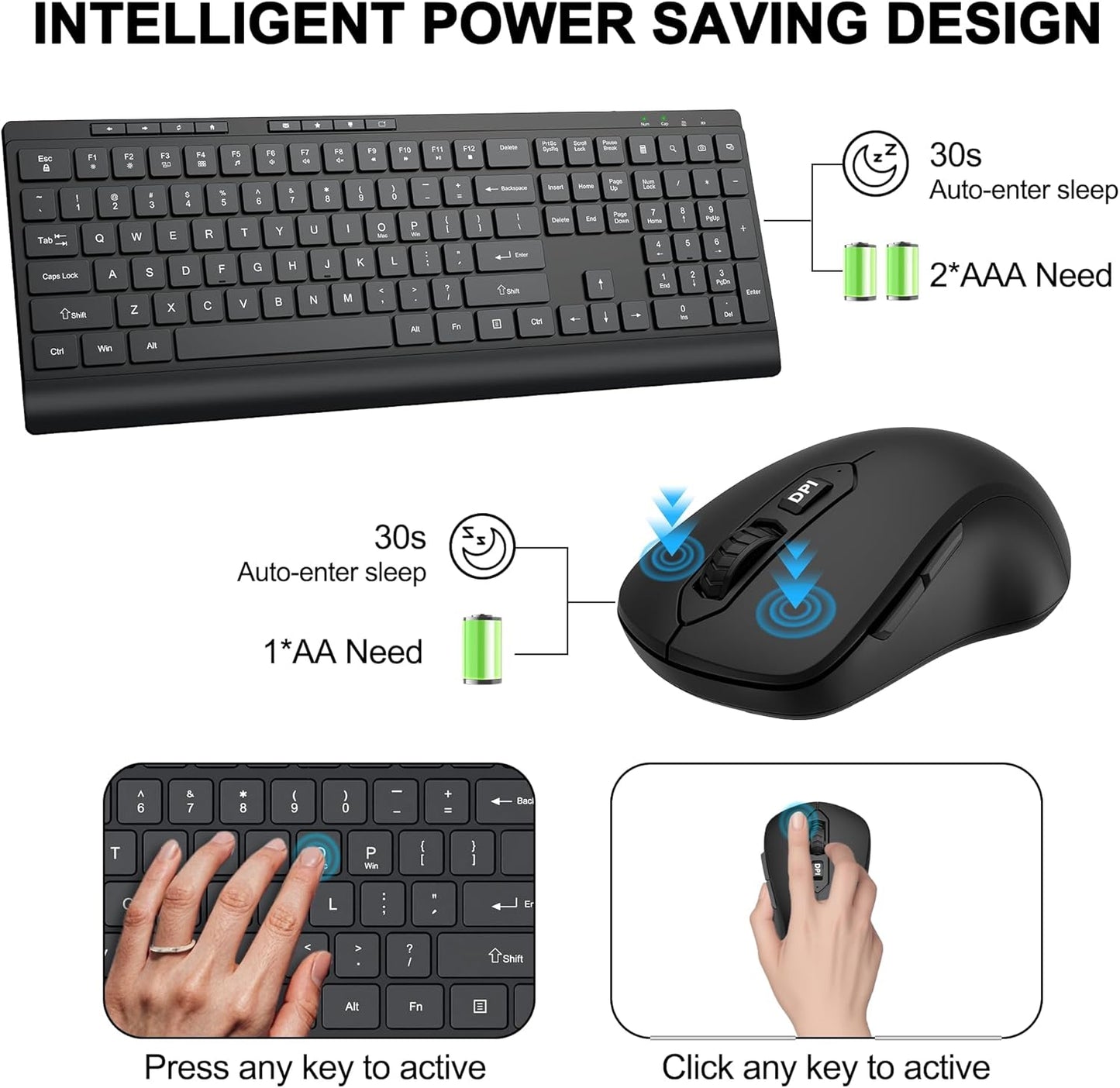 EDJO 3 2.4G Wireless Keyboard and Mouse Combo, Full Size Quiet Key Computer Keyboard and Cordless Mice with DPI