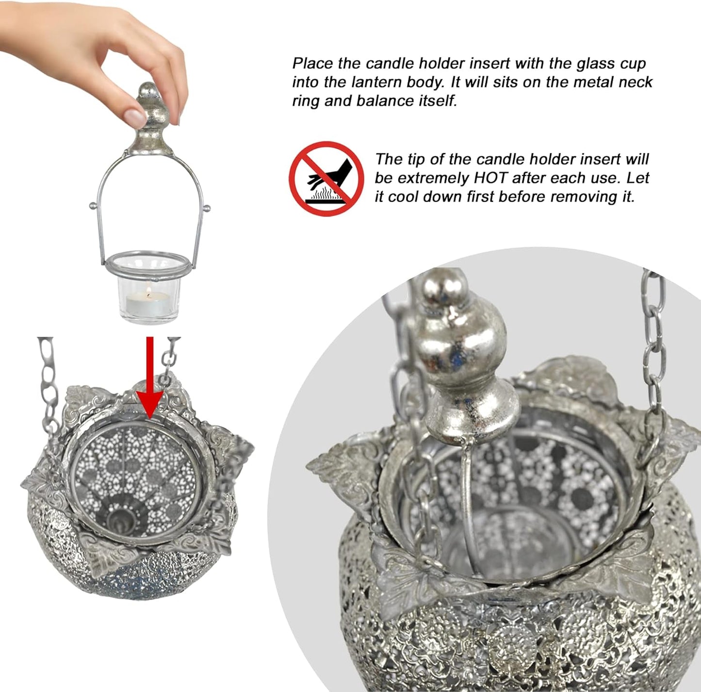 Westcharm Antique Silver Moroccan Lantern - Elegant Metal Hanging Pendant Light for Indoor/Outdoor Use - Small