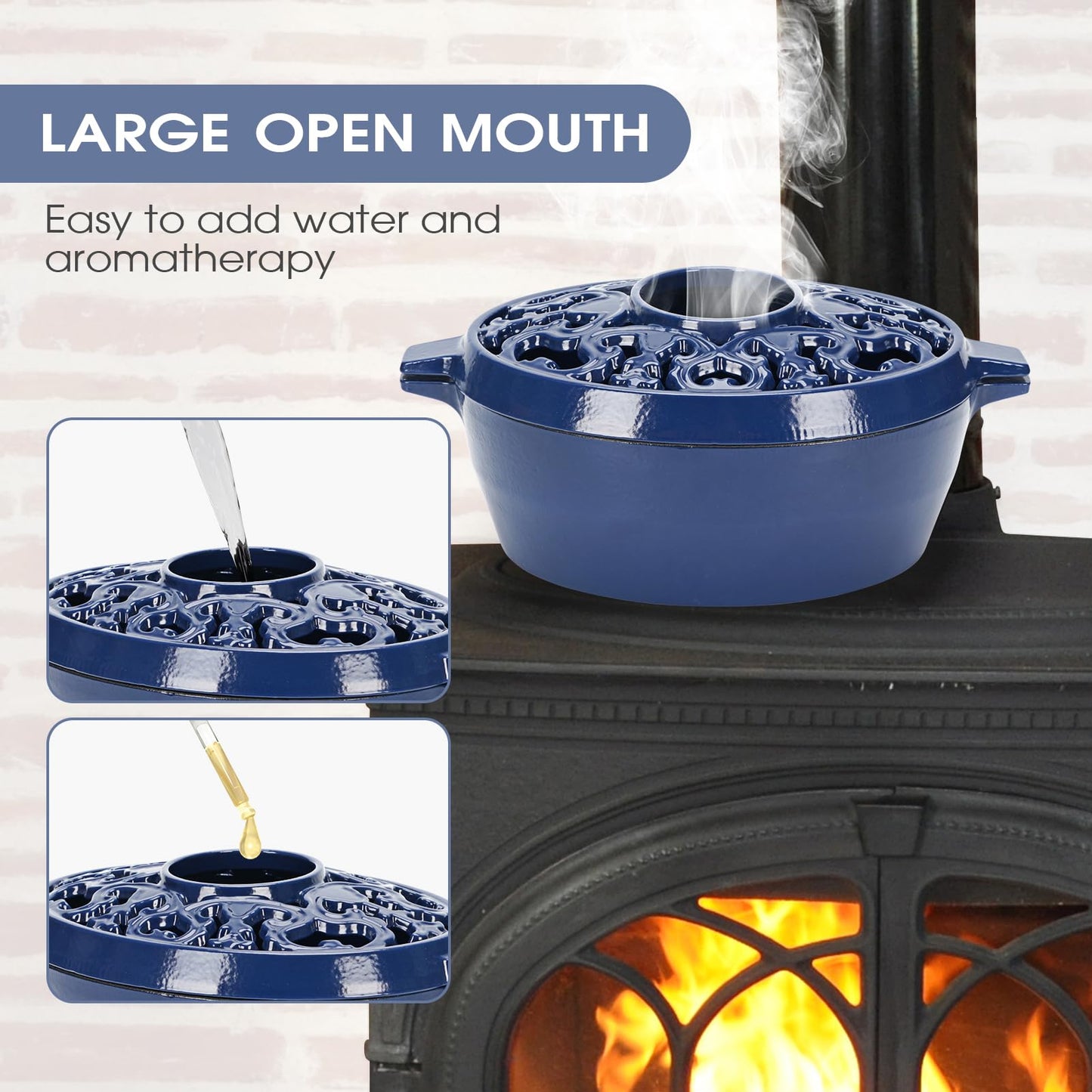 Wood Stove Steamer,2.5Quart Cast Iron Humidifier for Wood Stove,Large Capacity Wood Stove Humidifier,Large Diameter Mouth Lattice Top Rust Resistant Fireplace Humidifier Pot,Black