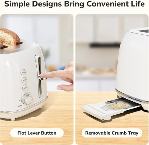 Keenstone 2-Slice Retro Stainless Steel Toaster - 6 Browning Levels, Reheat & Defrost, White