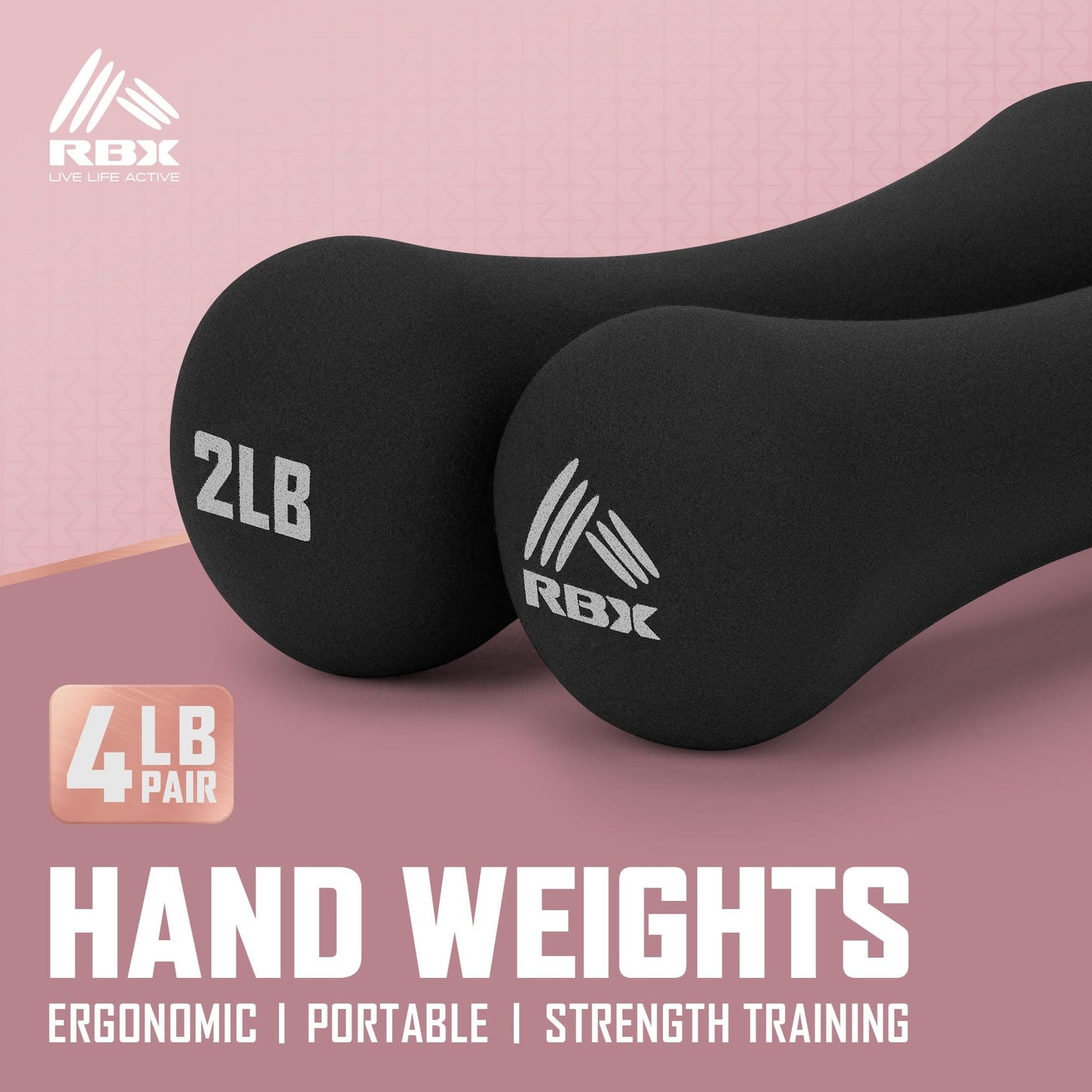 RBX Hand Weights, Neoprene Hand Weights for Home Workouts, Cardio & Strength Training, Home Gym Equipment (Black, 4LB (2lb each))