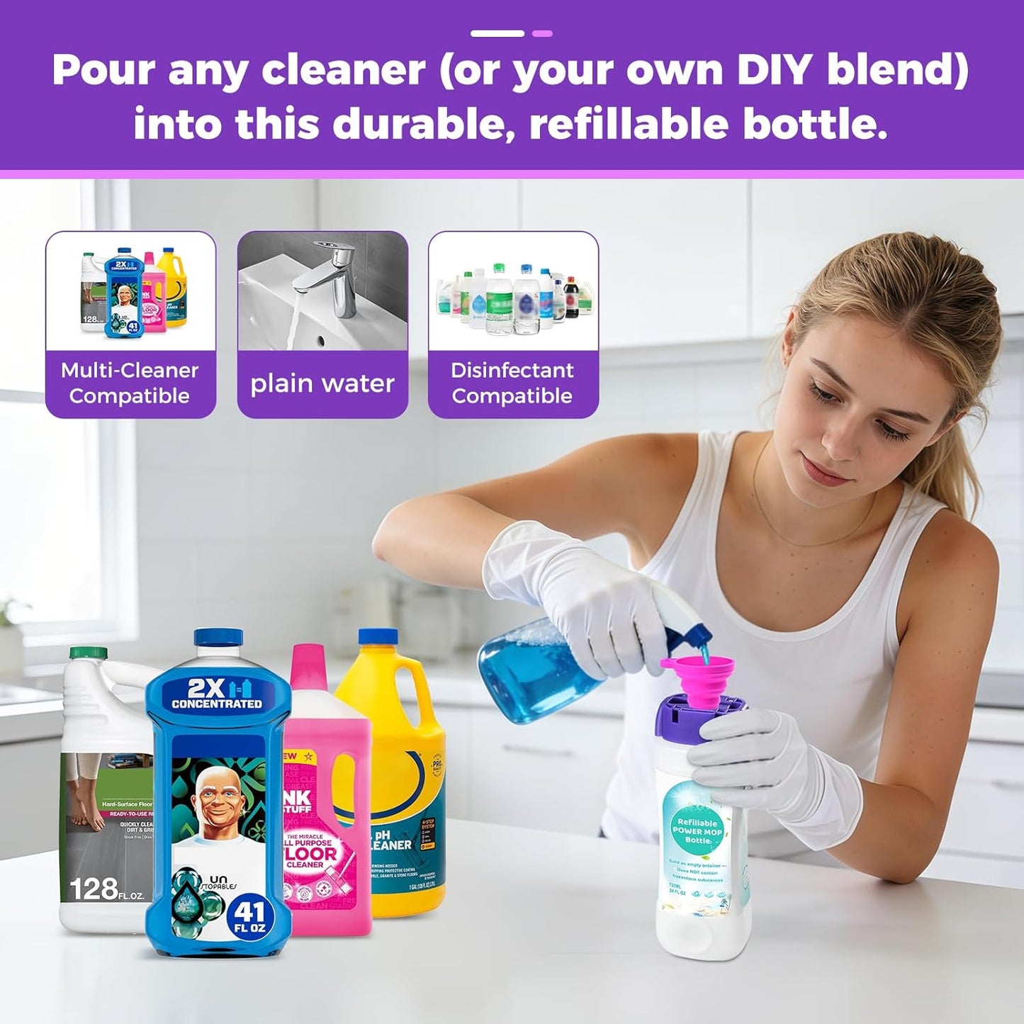 Skiennix Refillable Solution Bottle - 720ML Leak-Proof Cleaner Container | Universal Fit for Swiffer Power Mop