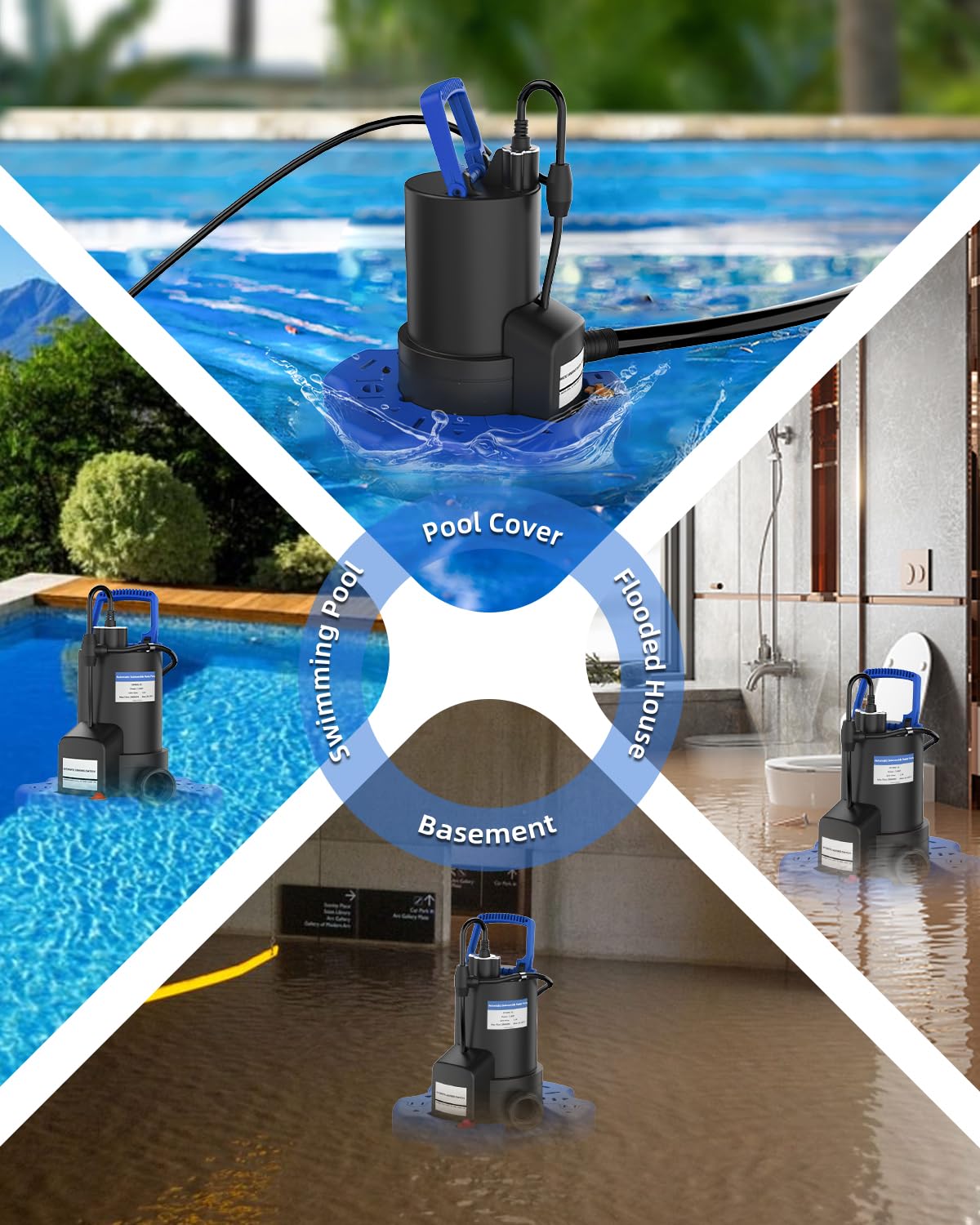Automatic Pool Cover Pump - 1 HP 5000 GPH Submersible Water Pump with Check Valve and 3 Adapters, 29.5FT Cord for Pumps Above Ground Automatic On/Off System, Sump Pump for Basement Floods, Pond Pump