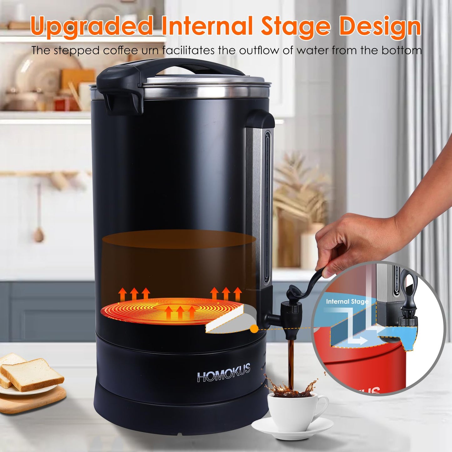 HOMOKUS Commercial Coffee Urn,120 Cup Commercial Coffee Maker,18L Double Wall Stainless Steel Large Hot Coffee Dispenser Hot Water Urn,1500W Quick Brew Electric Coffee Percolator (Dark Grey)