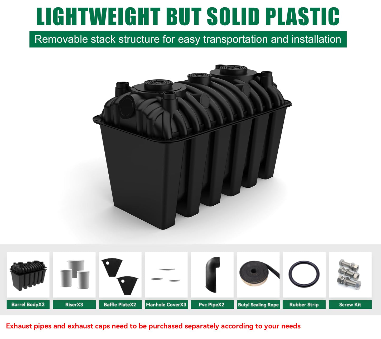 Natotela 396gal Underground Septic Tank Kit-80.7x45.3x43.9in Plastic Septic Tank System,Rectangle Septic System With Riser and Manhole Covers,Anti Corrosion PP Septic Kit For 4-6 Persons