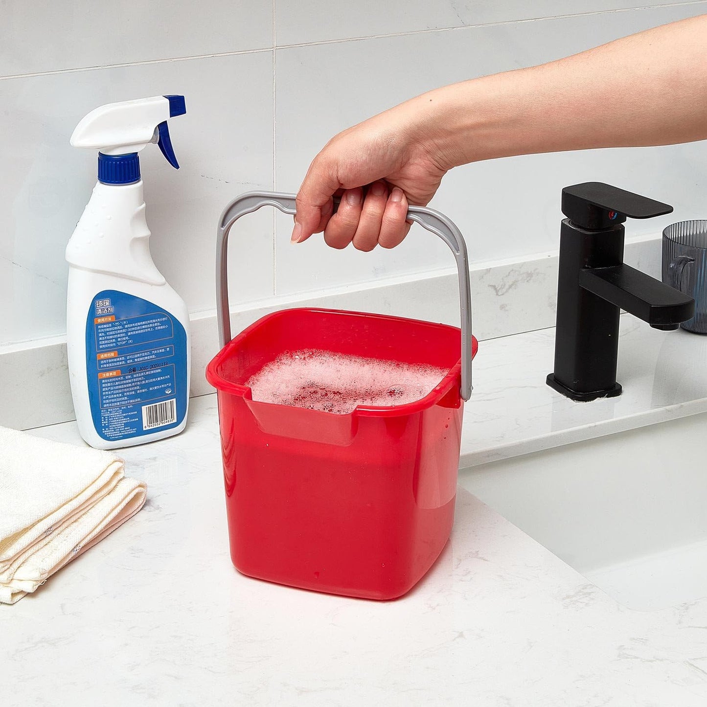 Irenare 8 Pcs Sanitizing Bucket 3 Quart Cleaning Pail Small Detergent Square, Spout and Handle Plastic Utility Sanitizer Buckets for Restaurant Kitchen Home Offices (Red)
