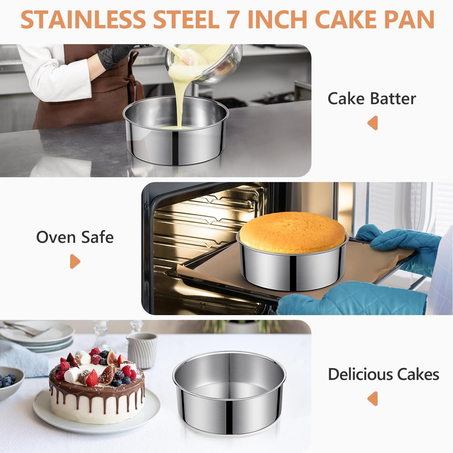 E-Gtong 7 Inch Round Cake Pans, Removable Bottom & Easy Releasing, Leakproof & Nonstick Cake Pan, 304 Stainless Steel Cake Baking Cheesecake Pan, Non-Toxic & Healthy