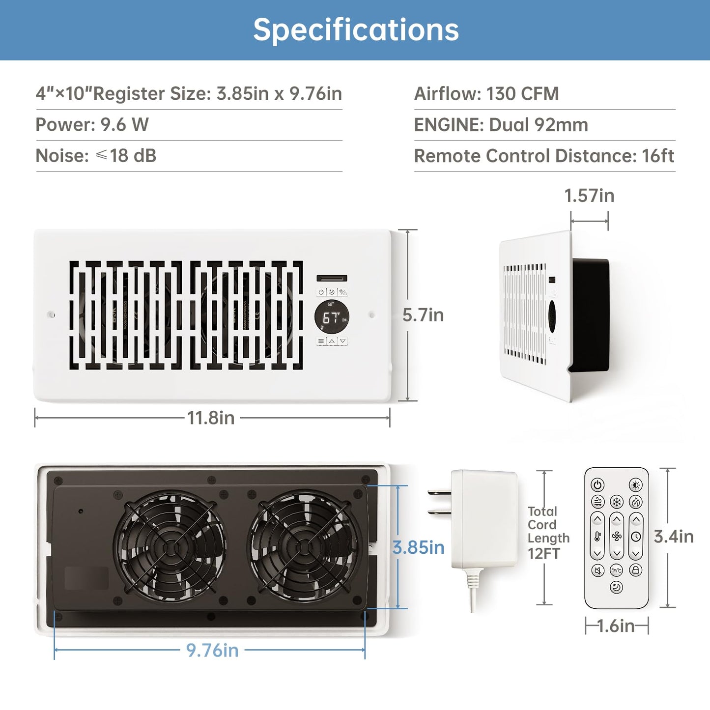 MOTCTQVD 2-Pack Smart Register Booster Fan Fits 4" x 10" Register Holes, 10-Speed Quiet Vent Fan Booster, Smart Thermostat Control for Improves Heating and Cooling with Remote for Floor or Wall Vents