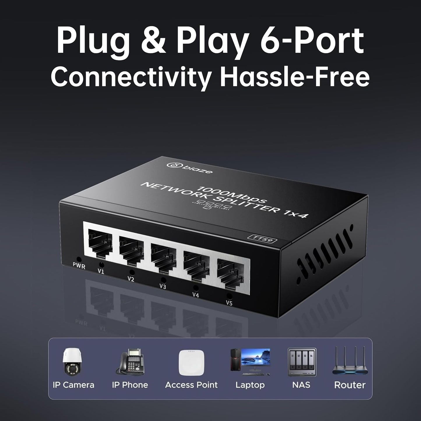 biaze 4-Port 1 4, Cat6 RJ45 (1000Mbps) Ethernet Splitter, Gigabit LAN Network Hub Adapter to Plug & Play Internet Cable