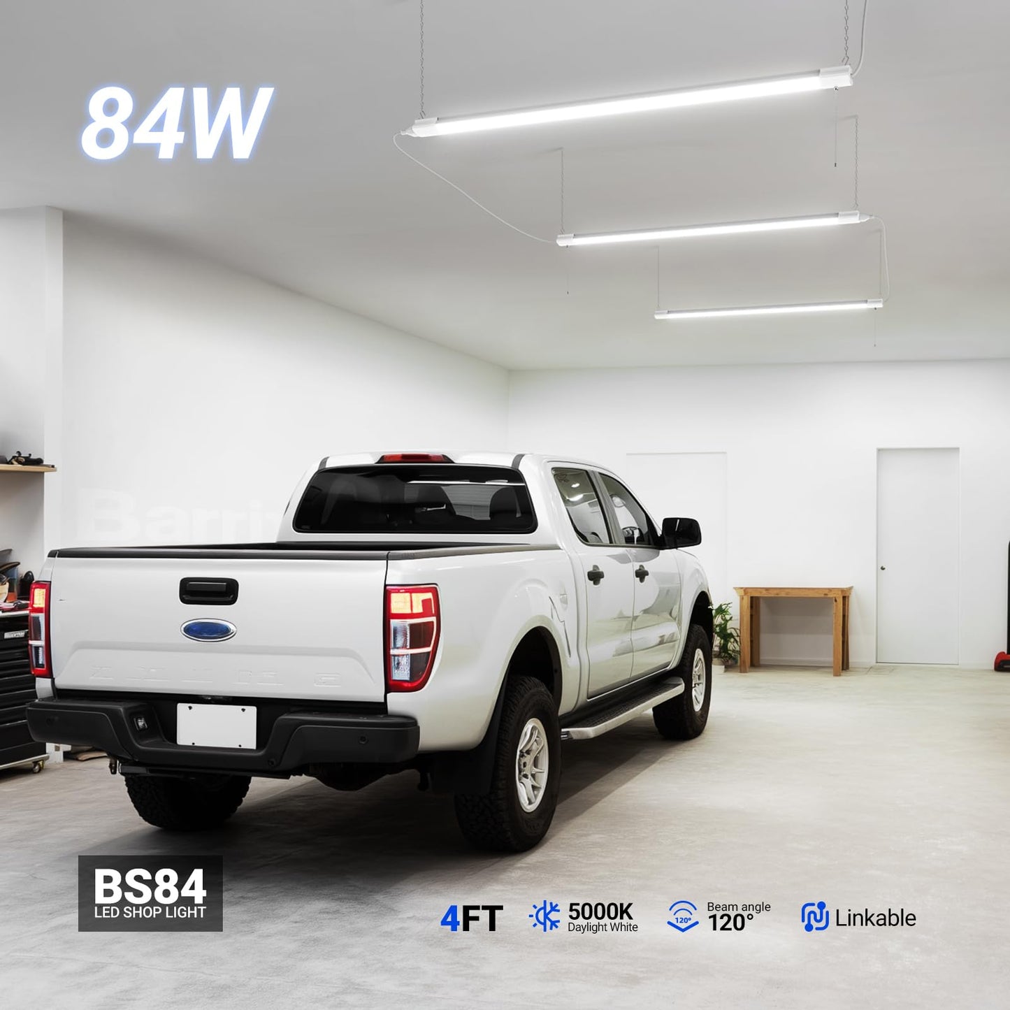 Barrina BS84 LED Shop Lights for Workshop 4FT, 84W, 10000LM, 5000K Linkable Light Fixture for Garage, Basement, Hanging or Flush Mount, 4 Packs, White