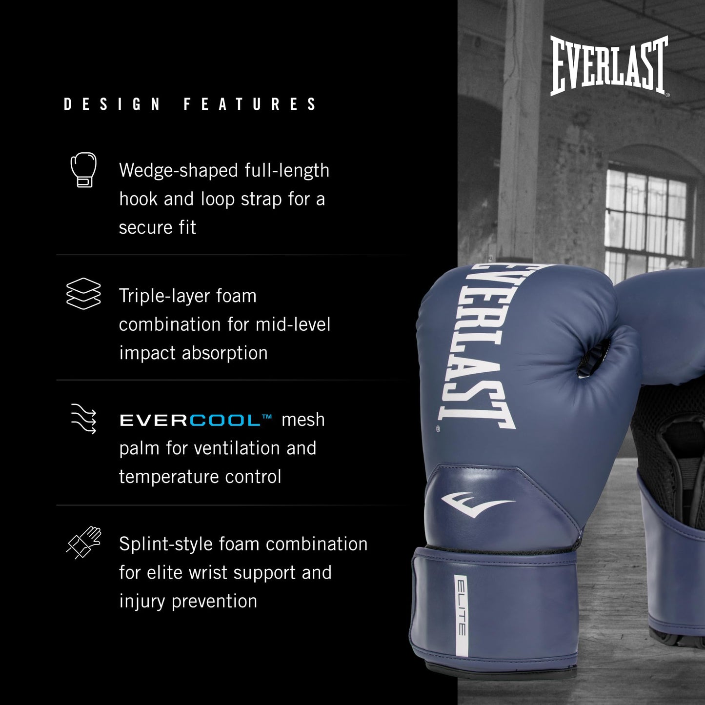 Everlast Elite 2 Boxing Gloves | Pro Training & Heavy Bag Gloves | Men & Women | Ventilated Palm | Multi-Layer Protection | Navy, 16 oz