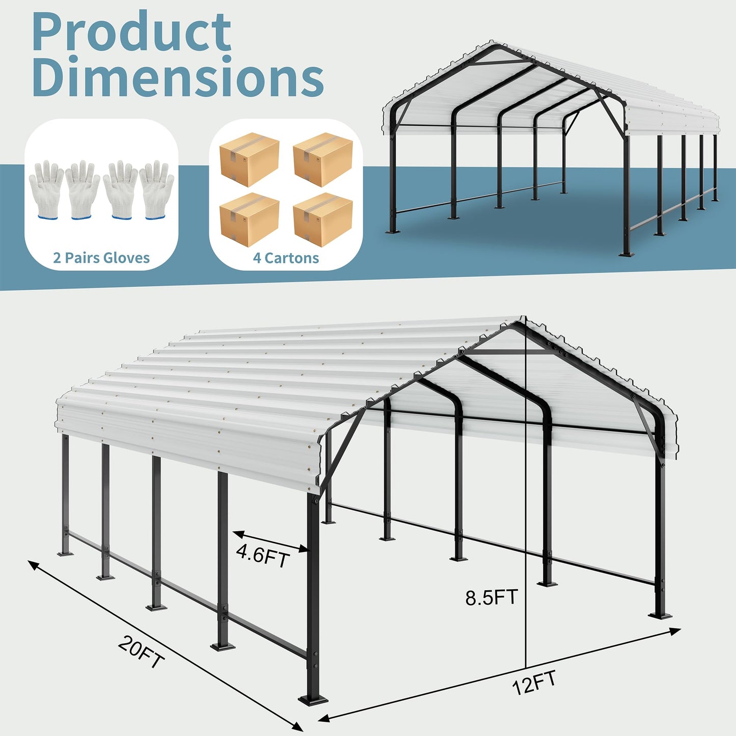 Shintenchi 12x20 FT Metal Carport, Oversized Carport Garage with Enhanced Base, Outdoor Galvanized Car Shelter, Heavy Duty Carports Canopy, for Car, Boats and Tractors, White