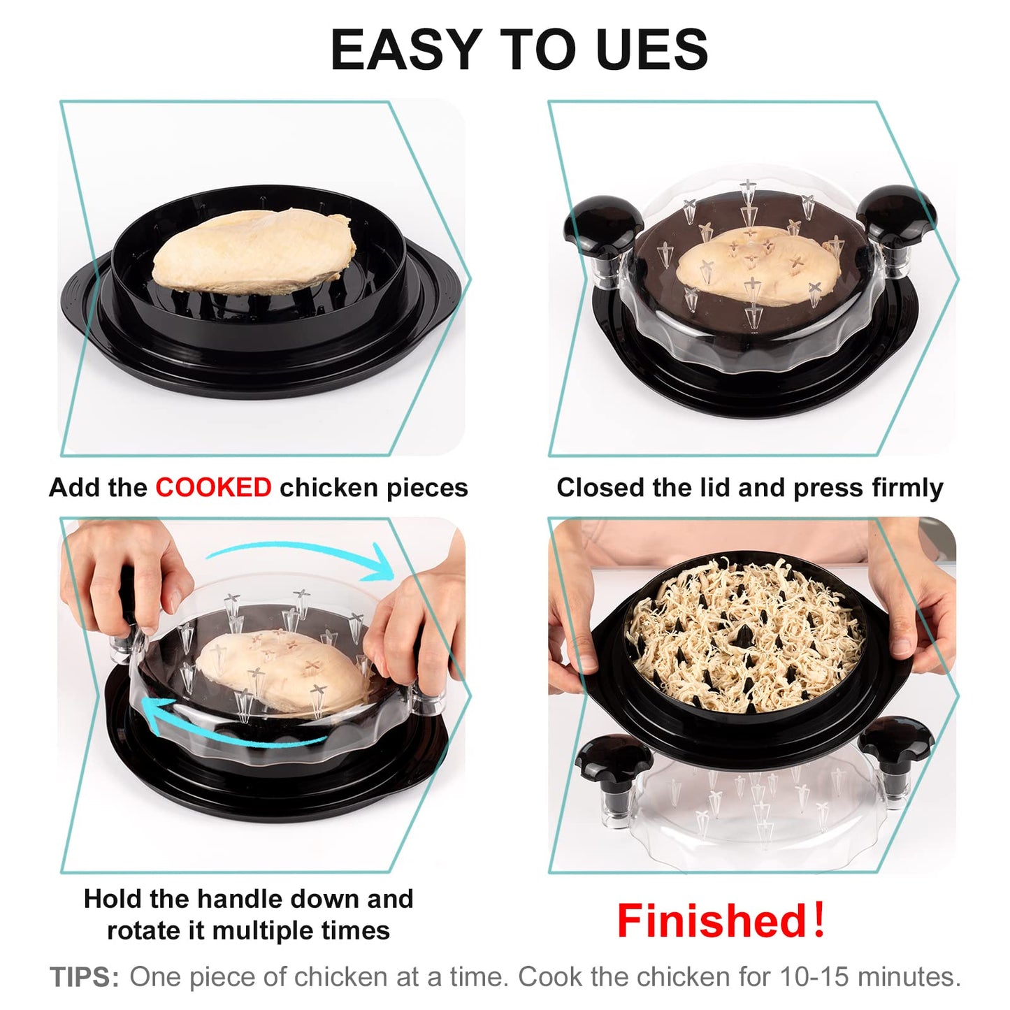 Chicken Shredder, Chicken Breast Shredding Tool with Transparent Cover, Ergonomic Handle Anti-Slip Heat Resistant Meat Shredder, BPA Free Easy Cleaning Shredder for Pulled Pork Kitchen Use