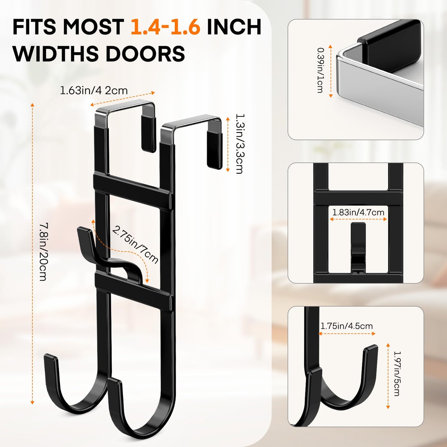 FYY Over The Door Hooks - 2 Pack Heavy Duty Triple-Hook Hanger, Rubber Coating Organizer for Bathroom Bedroom Kitchen Dorm, Hanging Towels Clothes Hats Bags Ironing Board, Fits Doors Up to 1.6" Black