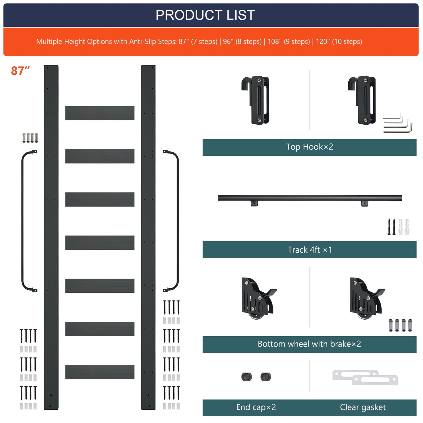 HARDJULAN 87" Telescopic Sliding Library Ladder with Handrail – Lightweight Aluminum Rolling Ladder with Braking Wheels, 4FT Hook Ladder Track Kit for Home, Loft, and Bookshelves