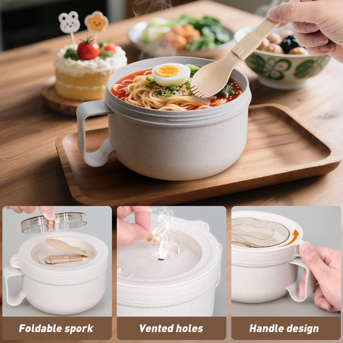OZY Microwave Bowl Set with Lids and Handles,Ramen Noodles Cup Mug for Instant Noodles,Oatmeal,Salad,Soup,Cereal,Ideal for Home,Office, Dorm,BPA-Free (Black Beige)