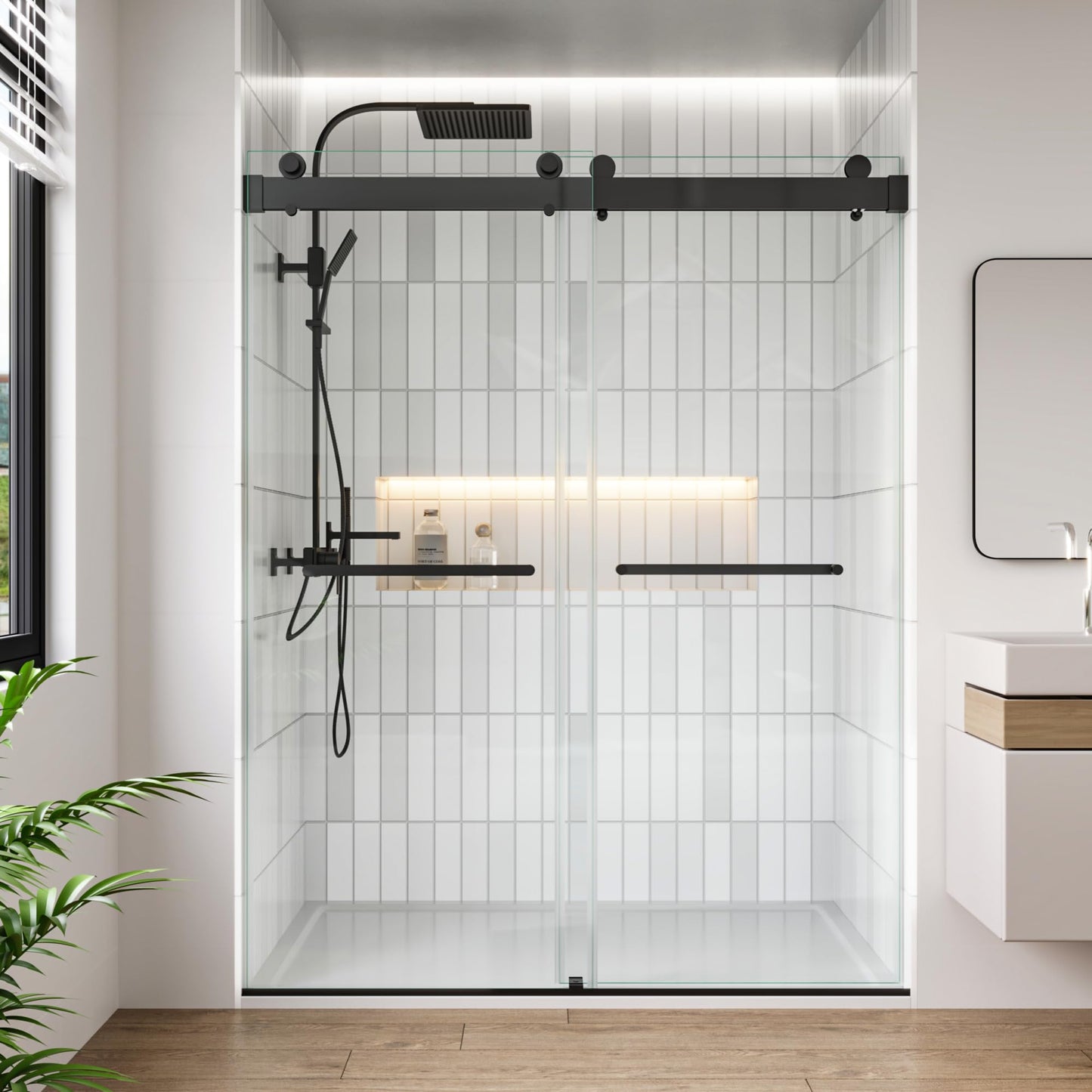 FEKEWIO Frameless Shower Doors 62-66" W x 76" H Double Sliding Soft Close 3/8"(10mm) Clear Tempered SGCC Shatterproof Glass Width Adjustable, DS13- Matte Black