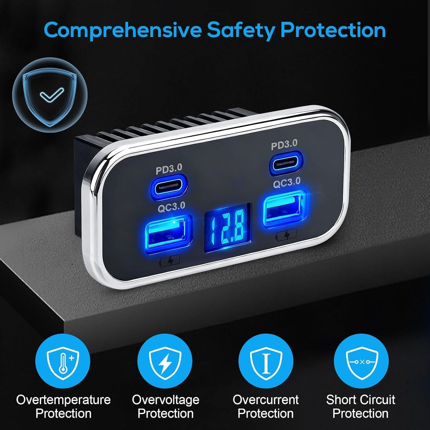 76W 18W 20W PD3.0 12V/24V Linkstyle RV USB Outlet, Dual USB-A & Dual Ports, Power Outlet Panel with Voltmeter for Car