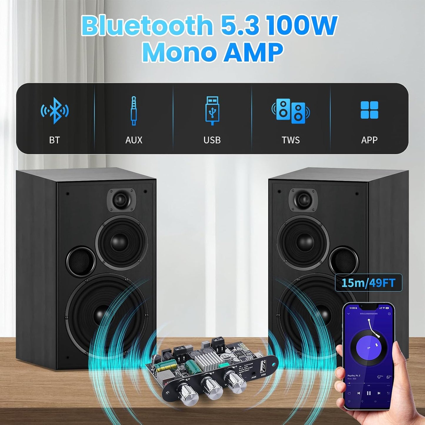 ZK-1001U 5.3 100W 9-24V Amp Bluetooth Mono Amplifier Board with TWS, Mini Audio Amps with Boost for Home Outdoor DIY
