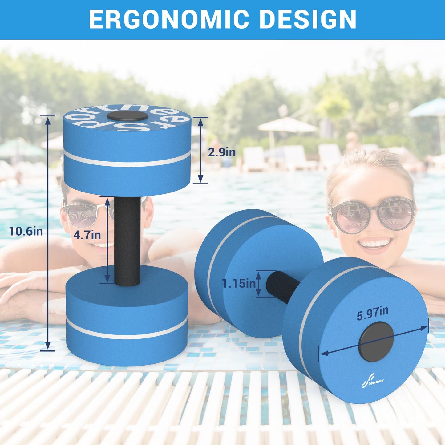 Sportneer Water Weights Aquatic Dumbbells: Pool Exercise Dumbbell Set of 2 EVA Foam Pool Weights with Handle Strip Aquatic Exercise Equipment for Water Aerobics Blue Pinstripe