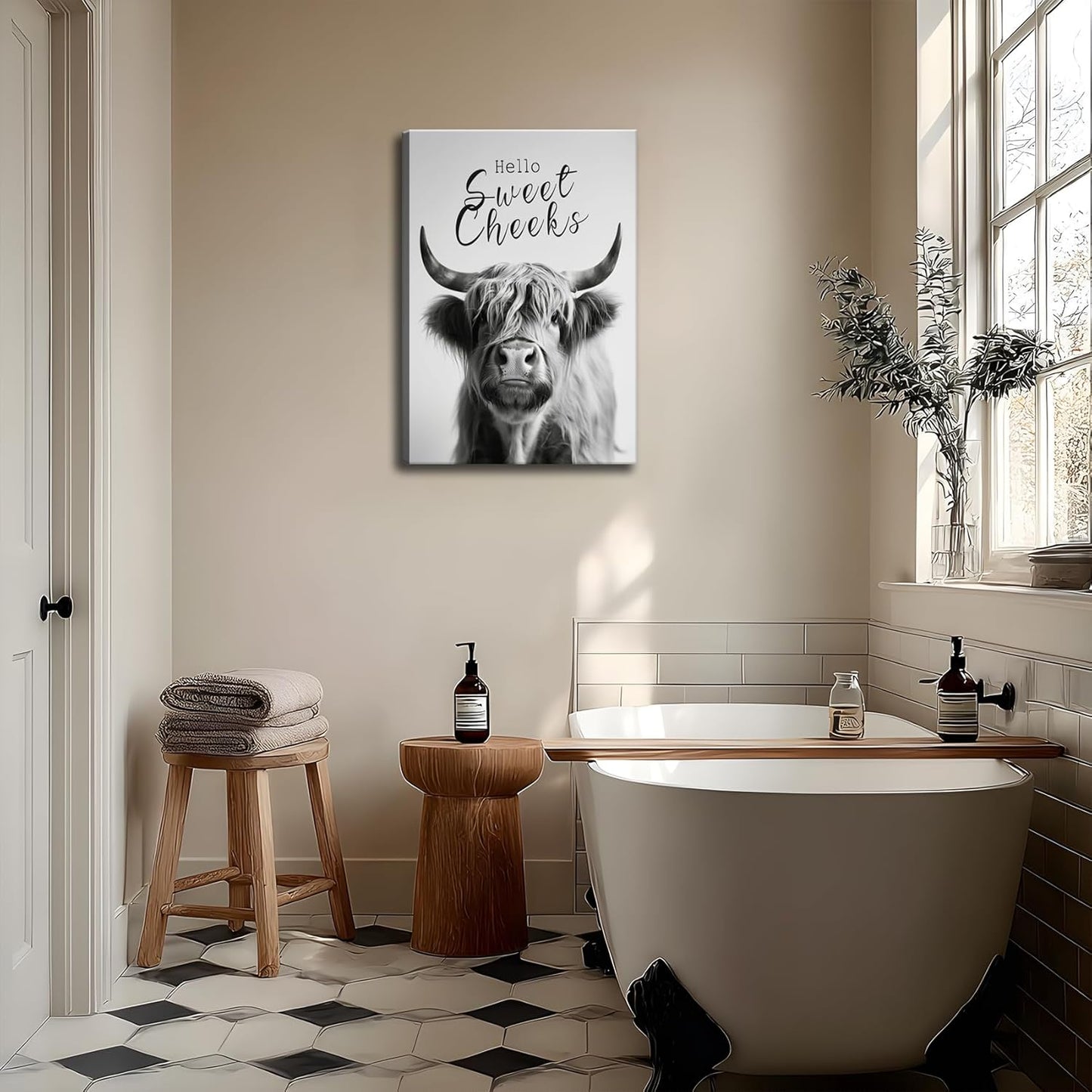 Skiennix Funny Highland Cow Wall Art - Black & White Bathroom Decor | 16x24in Framed Print