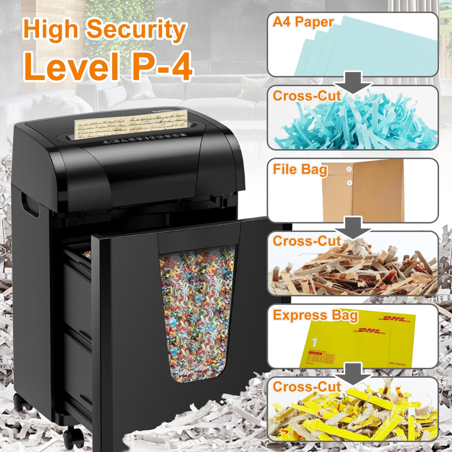 Suntiko Paper Shredder, 18-Sheet Cross Cut Level P-4, Shred Paper/Credit Card/CD, with Large Pull Out Bin，Insert Auto Jam Proof System Shredder for Home&Office