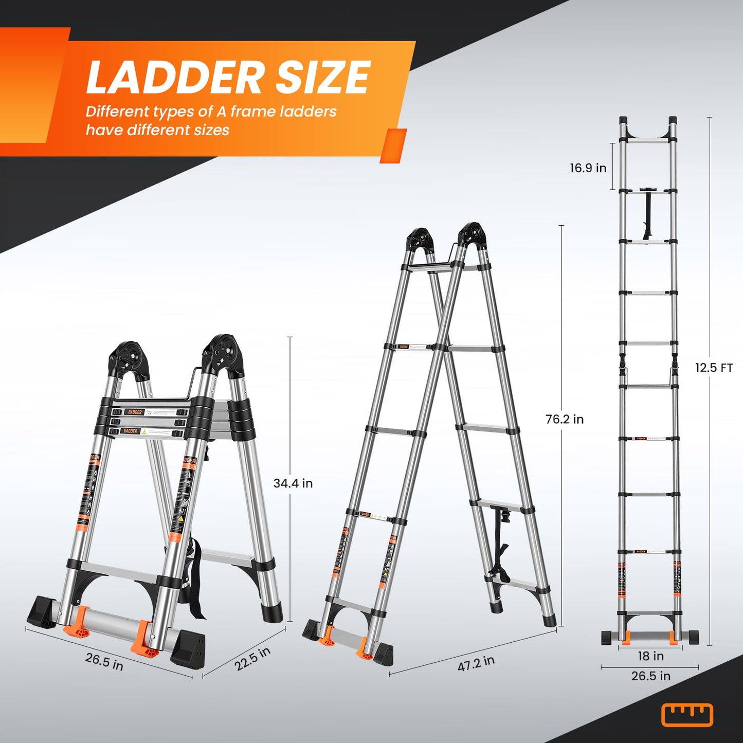 Telescoping Ladder 12.5 FT A Frame, Extension Multi-Purpose with Balance Bar Heavy Duty 330 lbs Max Capacity for Home and Outdoor Work, Silver