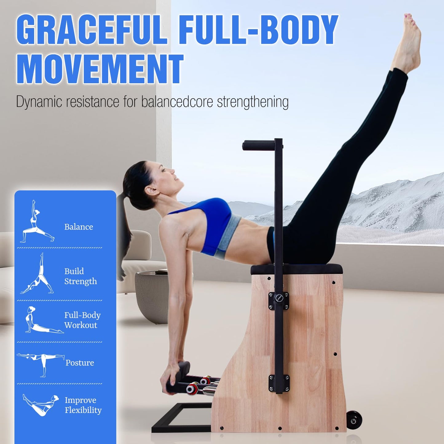 Pilates Chair Wunda Chair Pilates Combo Chair Reformer Machine with Adjustable Resistance Springs Split Pedal Handles Home Gym Equipment for Yoga Core Training Rehabilitation Includes Non-Slip Socks