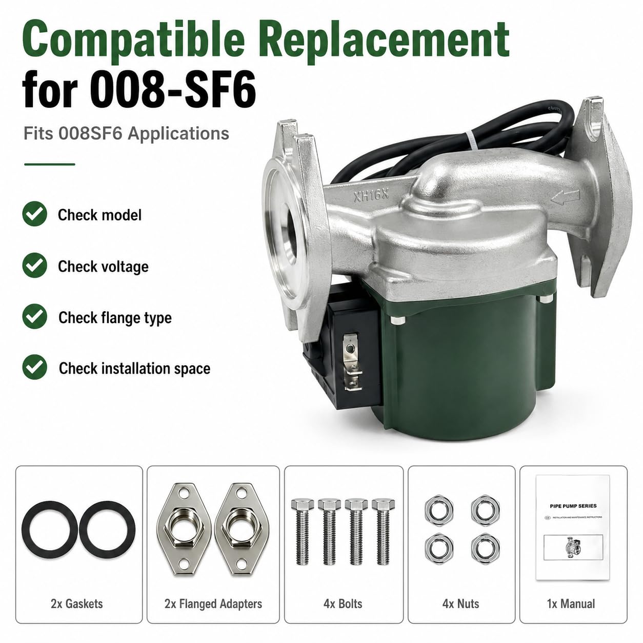 008-SF6 Hot Water Recirculation Pump 1/25 HP 115V 14 GPM 125 PSI 3250 RPM Flanged Stainless Steel Circulator Pump Compatible with Taco for Boiler Radiant Heating & Closed Loop System Replace 008SF6
