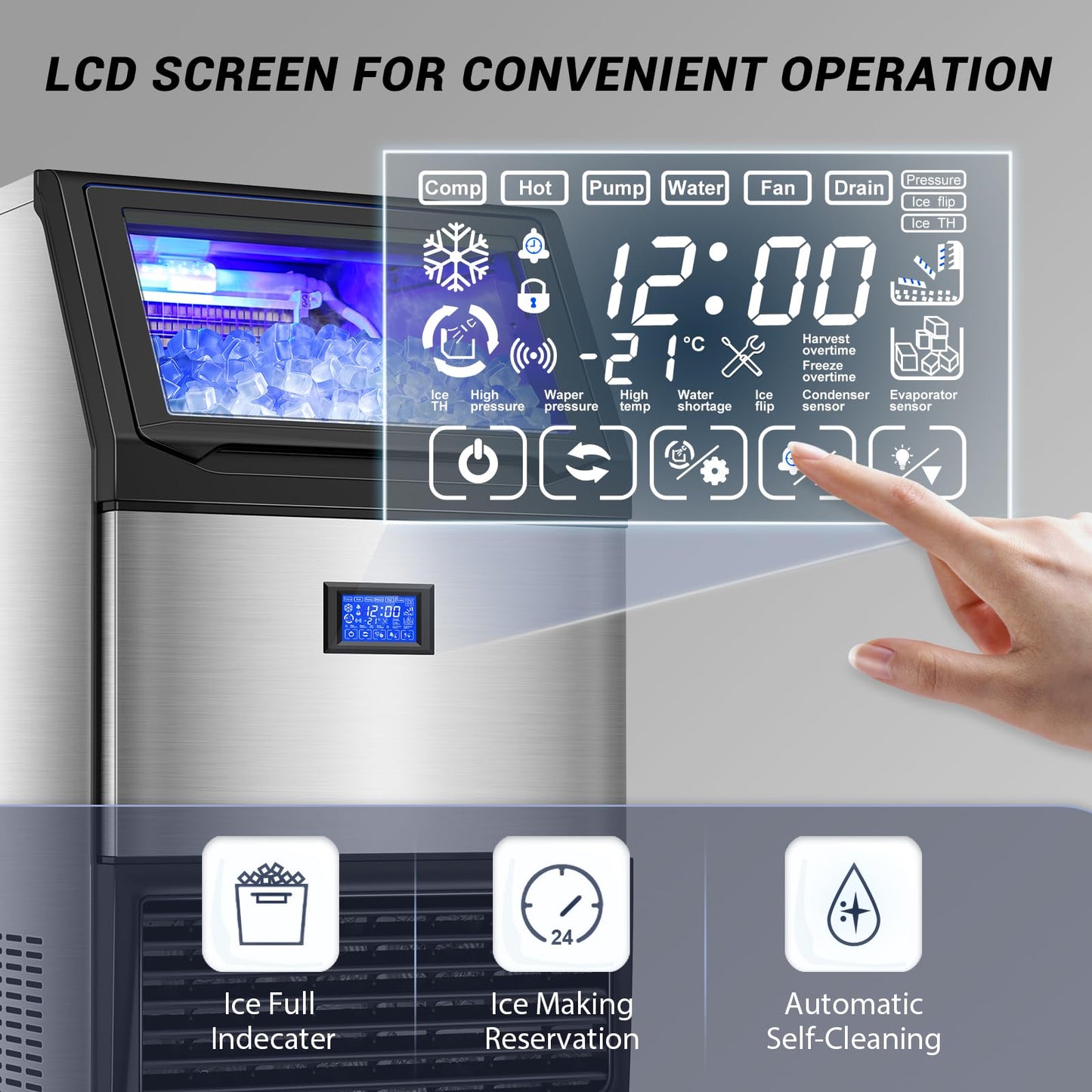 SOZT® Commercial Ice Maker Machine 450LBS/24H, Stainless Steel Under Counter Ice Machine with 200LBS Storage Bin, Self-Cleaning Freestanding Ice Cube Maker for Restaurant, Bar, Home, Office