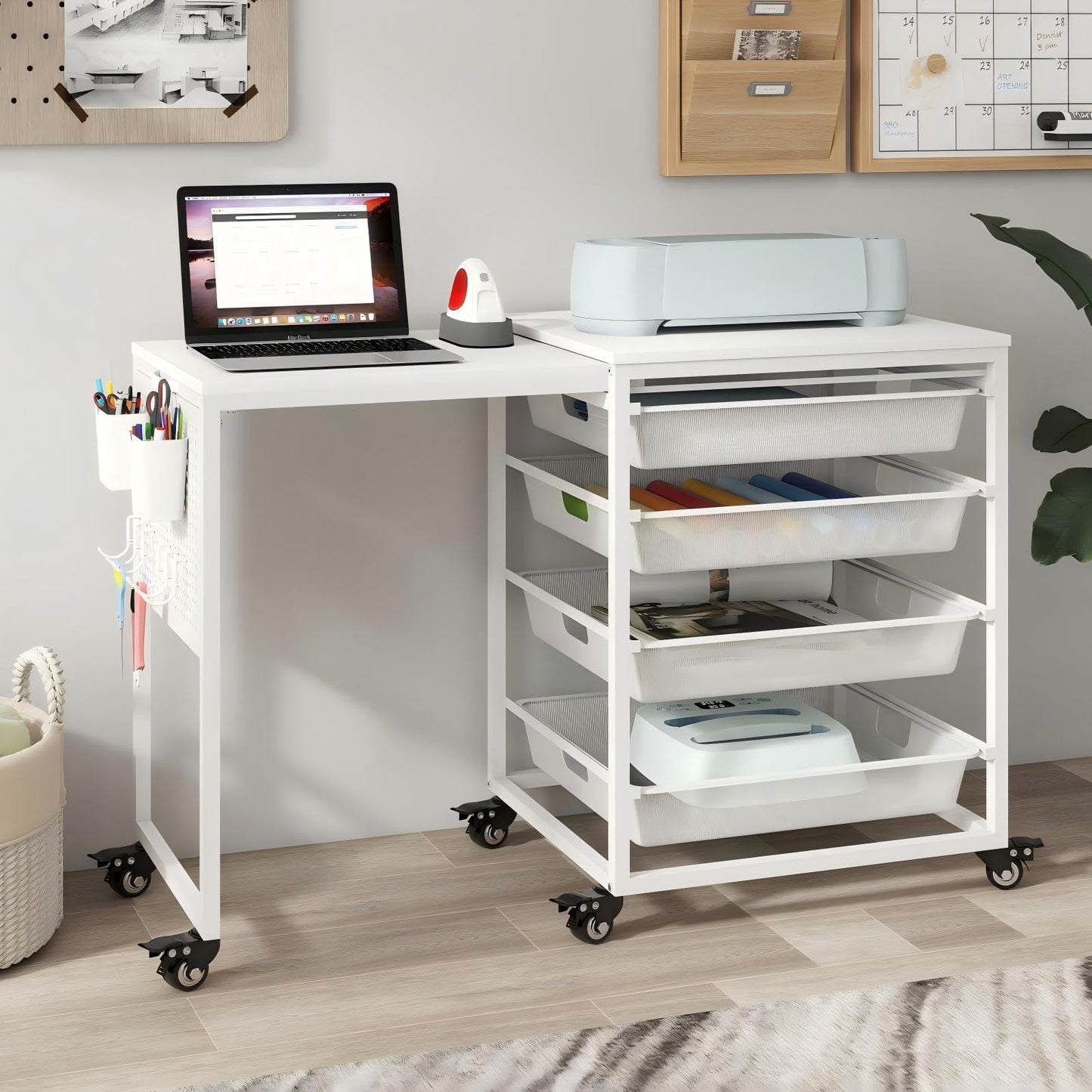 Rolling Craft Storage Cart with Wheels & Mesh Drawers, Extendable Craft Table with Pegboard Organizer, Muti-Functional Work Table for Sewing, Arts and Crafts, Scrapbooking Storage,3D Printers (White)