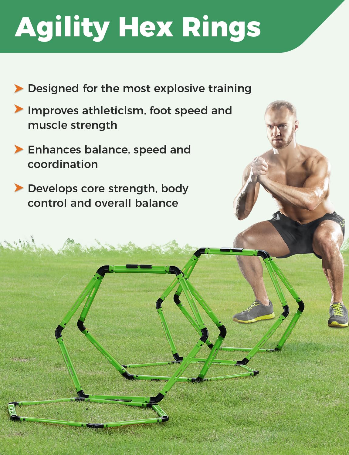 GHB Hex Agility Rings Speed Rings with Carrying Bag 6 Set Portable Hexagon Rings, Agility Ladder for Agility Footwork Training (Green)