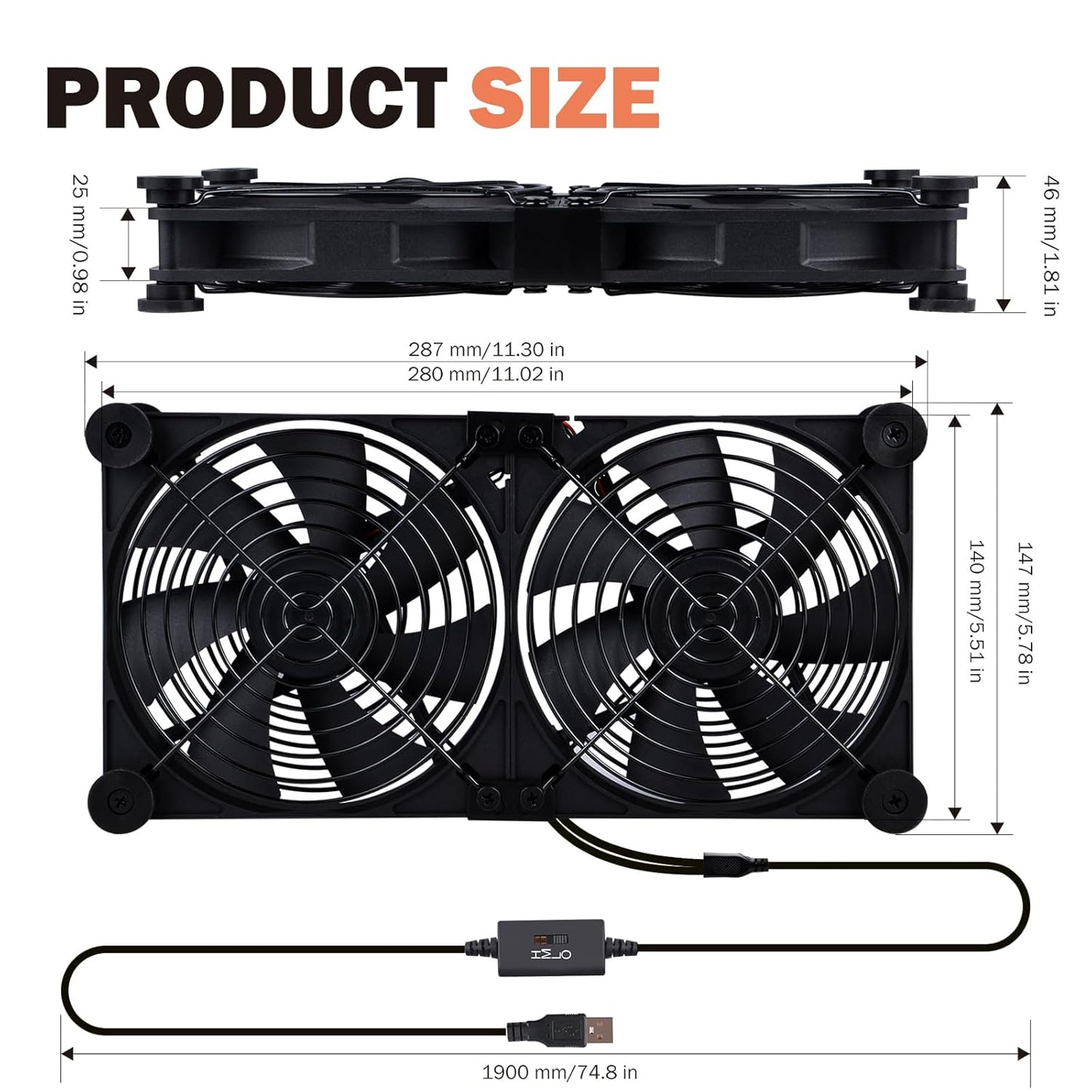 140mm 3-Degree 5V Quiet Dual Router Fan Cooler with L/M/H Speed Controller, DC USB Powered Cooling Case Fan for Router