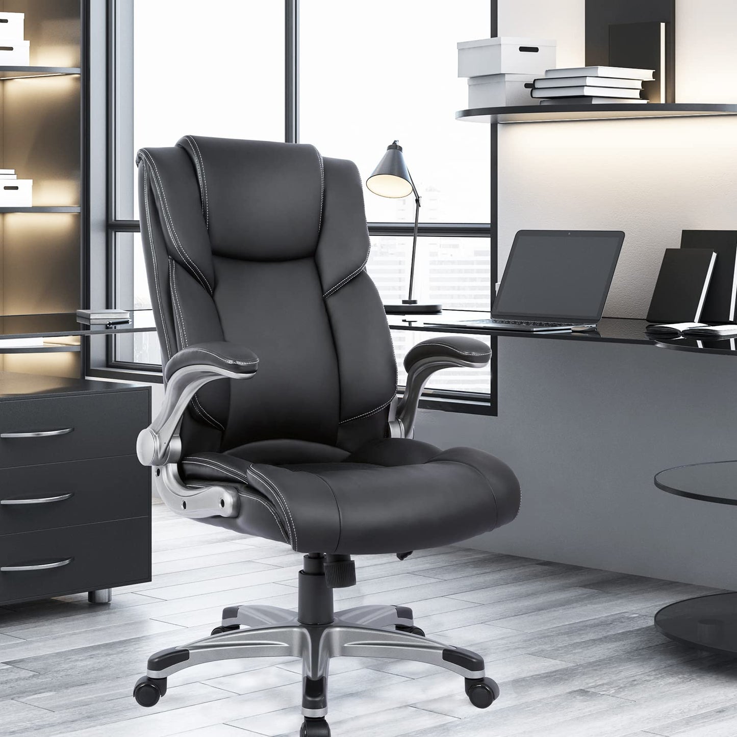 COLAMY High Back Executive Office Chair - Padded Leather Ergonomic Computer Desk Chair with Inflatable Lumbar Support & Flip-Up Arms, Adjustable Tilt Lock Swivel Task Chair for Home Office, Black
