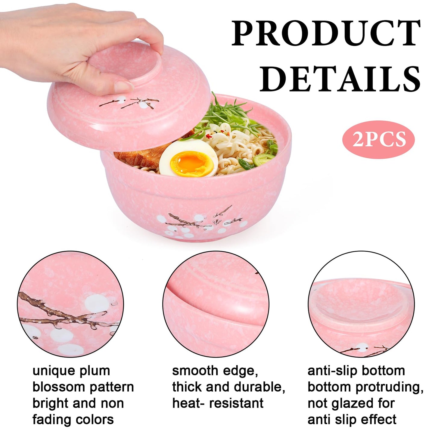 mekueeex 2 Pack Ceramic Ramen Noodle Bowl, 27 OZ Big Ramen Bowl with Lid, Japanese Hand-Painted Ceramic Tableware, Durable Floral Soup Bowl for Noodles, Porridge, Rice, Dishwasher Safe(Pink, Beige)