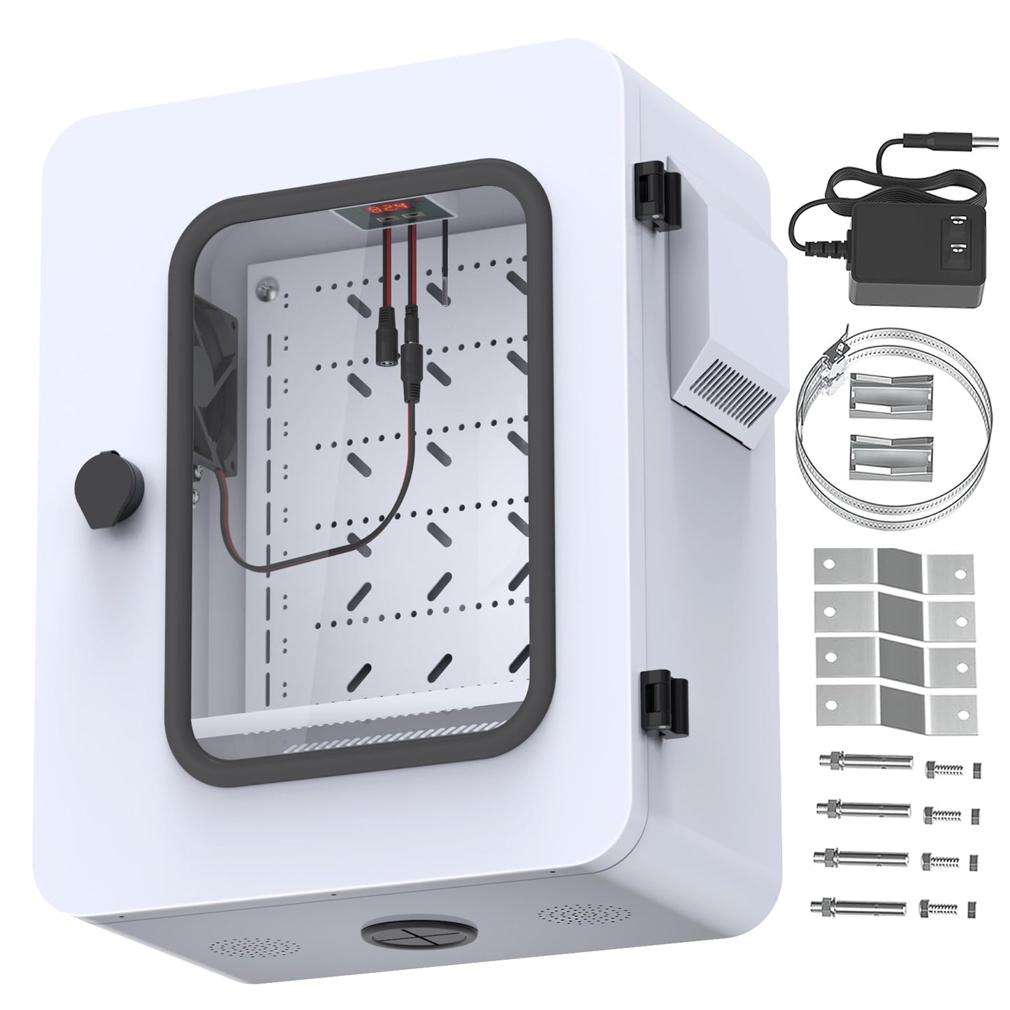 Akwscyby Outdoor Electrical Box with Clear Window and Thermostat and Fan, Precise Temperature Control 0.1°F, IP65 Water Resistant Rating, Galvanized Steel, Aluminum Rear Beam(17.7" x 13.8" x 7.9")