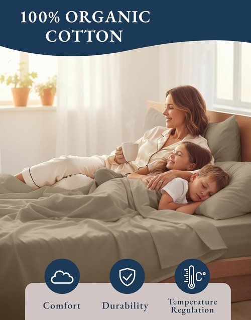 Lane Linen 100% Organic Cotton Sheets Set - Pure Long-Staple Percale Weave, Queen Size, Taupe