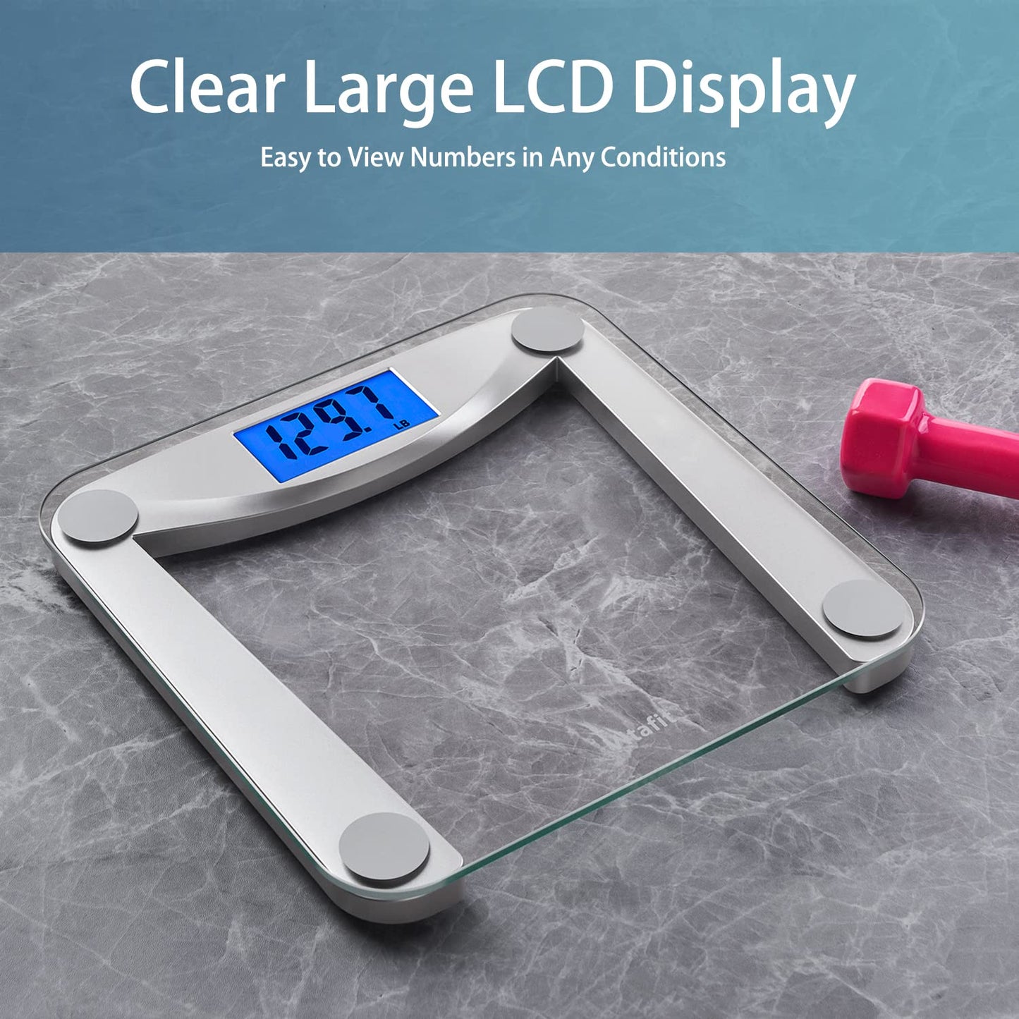 Vitafit Digital Bathroom Weight Scale for Body Weight, High Accuracy Assured by Weighing Professional Since 2001,Extra Large Blue Backlit LCD and Step-On, 400lb/182kg, Clear Glass