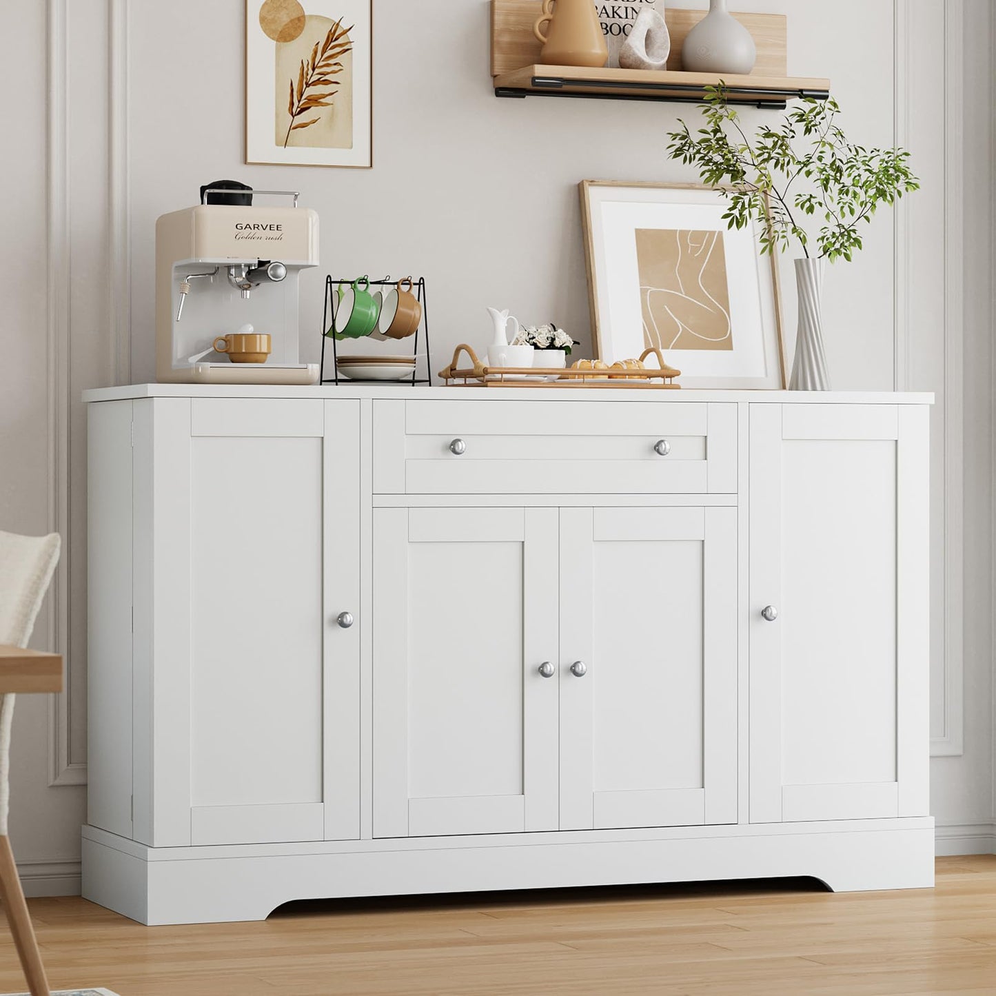 Garvee Sideboard Buffet Cabinet with Storage, Modern Wooden Credenza Storage Cabinet with Drawer and 4 Doors, Freestanding Coffee Bar for Living Room, Kitchen, Dining Room, White