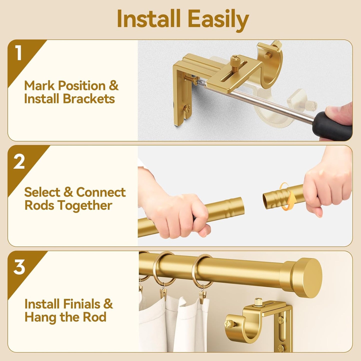 YaFex Curtain Rods - Heavy Duty 1 Inch Adjustable Window Treatment Rods | 32-118 Inch, Modern Gold Design
