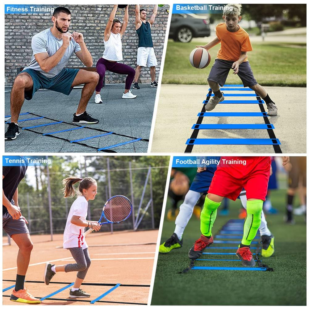 YGORTECH Soccer Agility Training Equipment, Includes 20ft Agility Ladder, 6 Adjustable Agility Poles, 10 Disc Cones, Jump Rope-Speed Training Set for Soccer Football Basketball Athletes Blue
