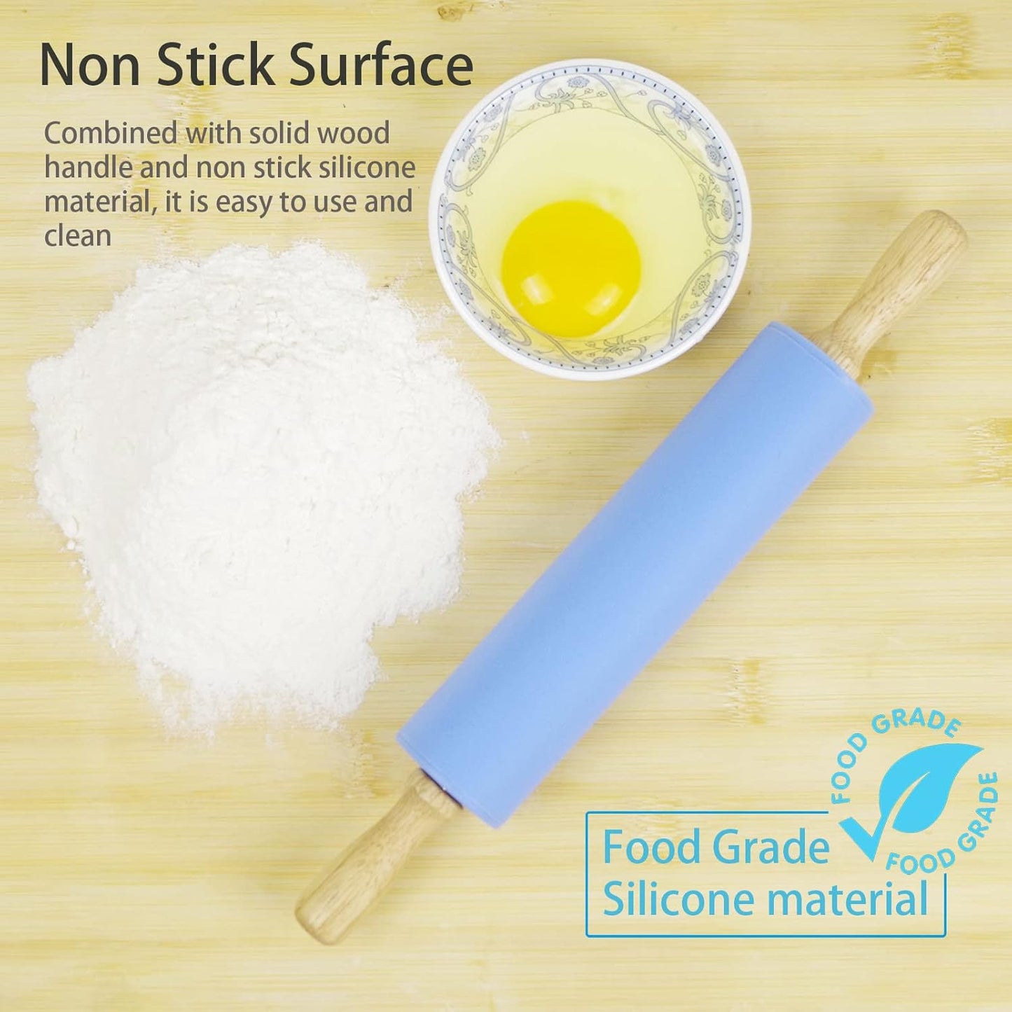 Skiennix Silicone Rolling Pin - Non-Stick Dough Roller with Wooden Handle | Perfect for Baking