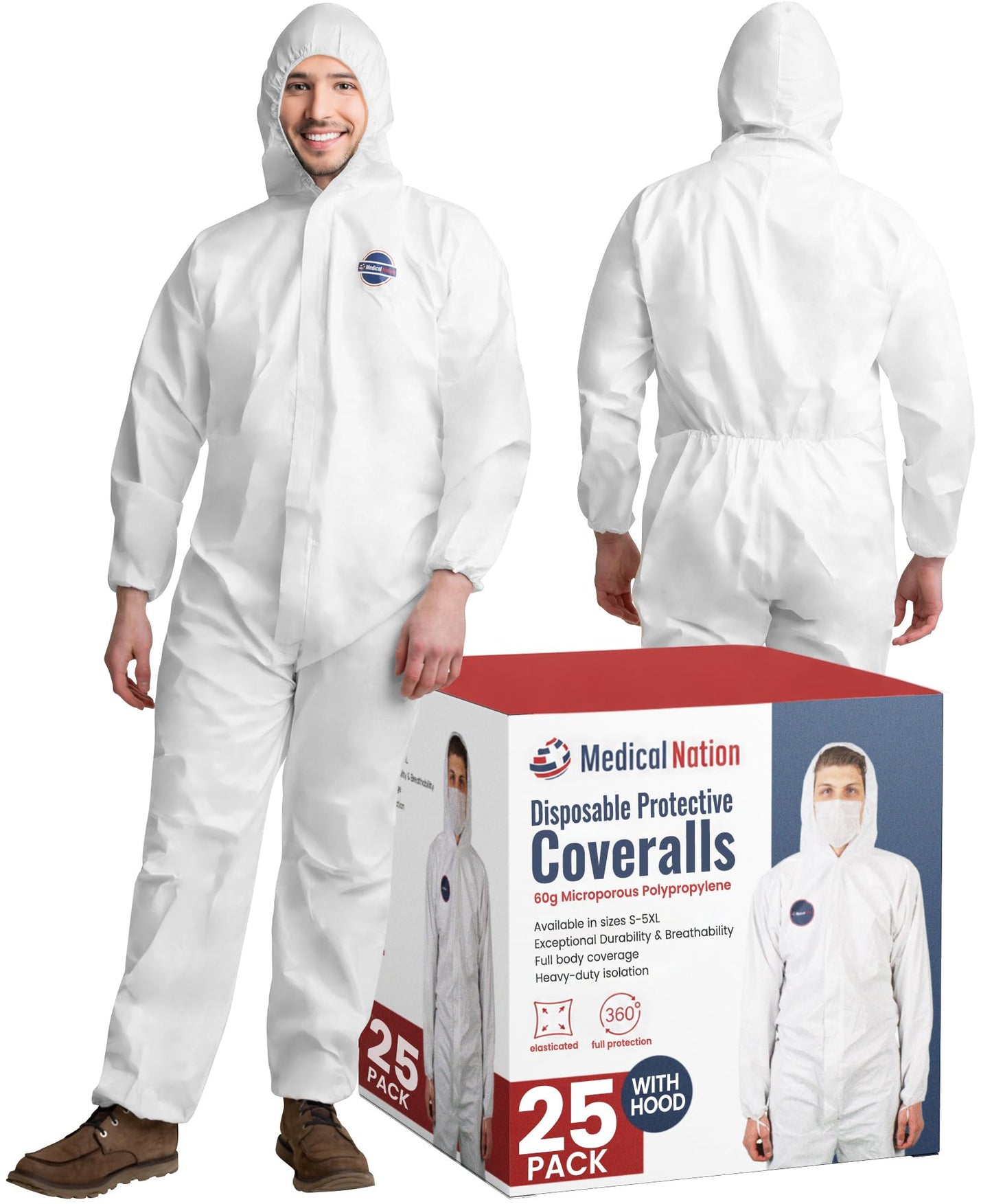 Medical Nation Hazmat Suits Disposable | 25 Pack | With Hood, Heavy Duty, Breathable Disposable Coverall, Painter Suit | 5X-Large
