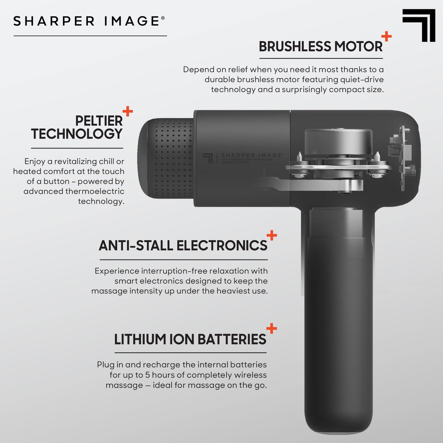Sharper Image Deep Tissue Percussion Massage Gun, Powerboost Pro+ Hot & Cold Rechargeable Handheld Massager, 6 Adjustable Speeds, 6 Attachment Heads & Carrying Case, Muscle Pain Relief, Black