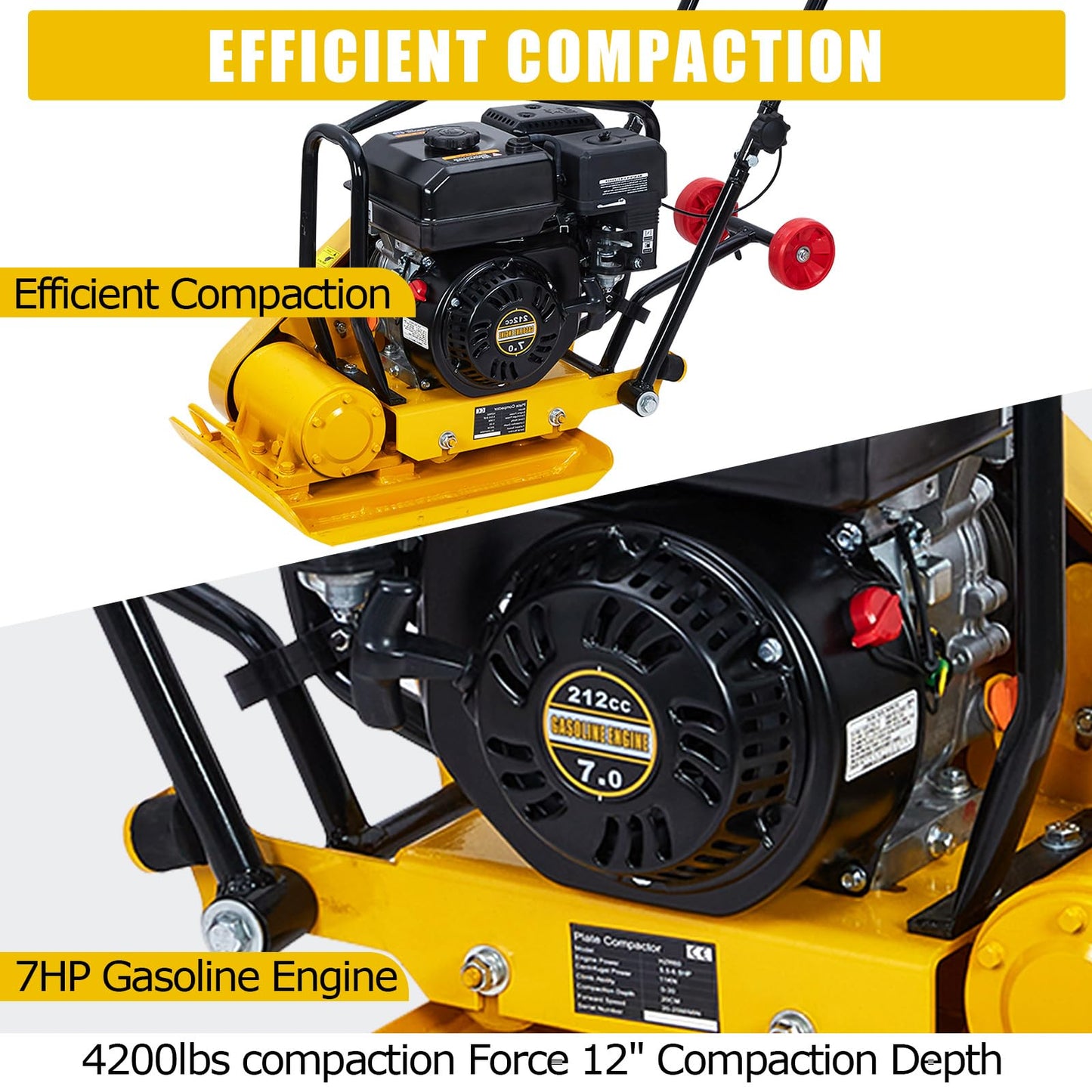 7HP Plate Compactor, 212CC Gas Engine, 4200 lbs Vibratory Compaction Tamper, Plate Power Jumping Jack Tamper, 5600 VPM Pavement Compactor for Walkways, Asphalts, Paver Landscaping