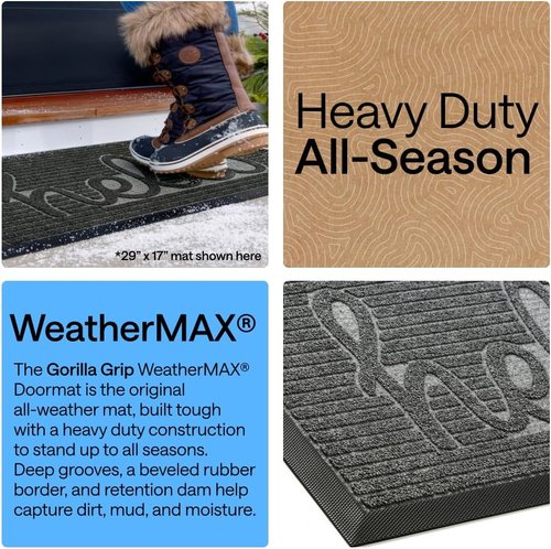 GORILLA GRIP Waterproof All-Season WeatherMAX Doormat - Natural Rubber, Stain & Fade Resistant, 29x17, Charcoal