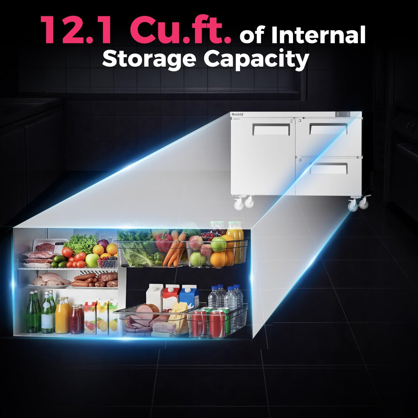 Coolski 48" W Commercial Undercounter Refrigerator with Drawer/Door Combo, 12.1 Cu.ft. Freestanding Stainless Steel with 4 Pans, 2 Drawers Under Counter Worktop Fridge for Restaurant, Bar, Kitchen Use