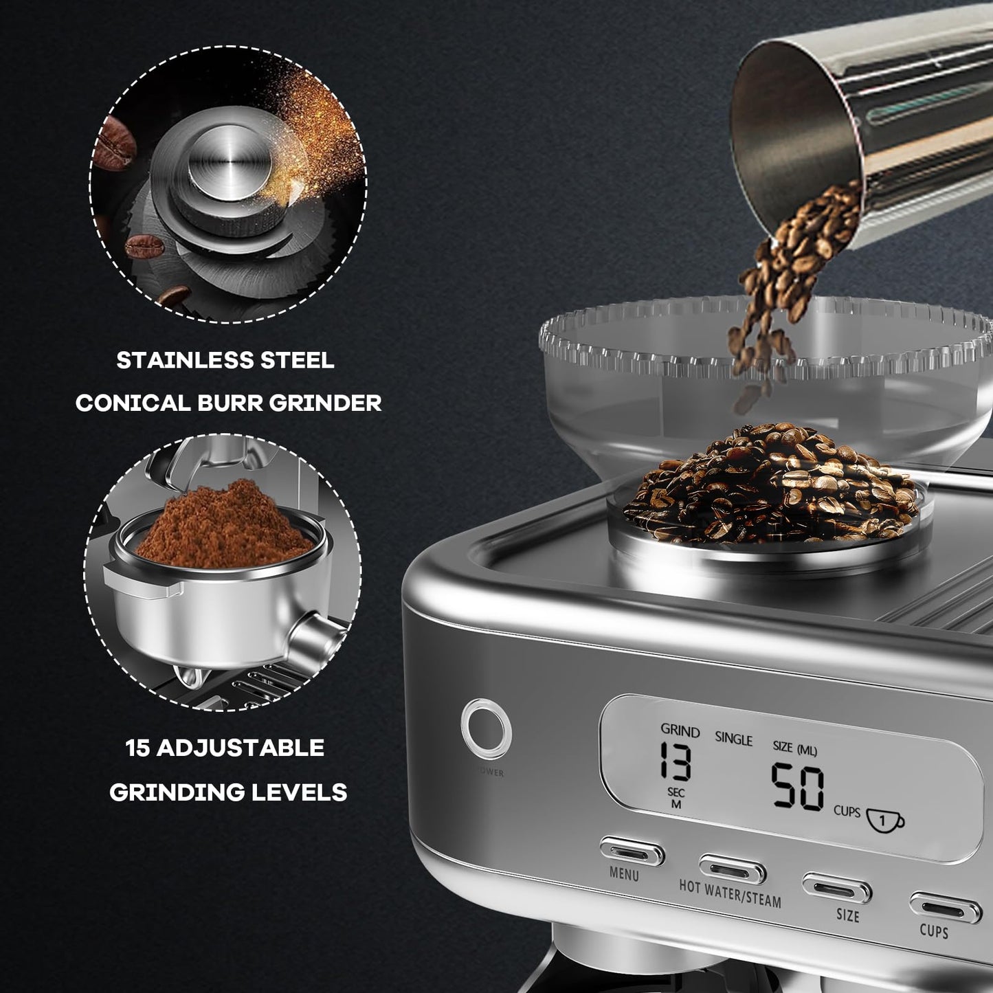 Espresso Machine with Grinder, Professional 15 Bar Espresso Maker, Cappuccino Coffee Machine with LCD Display, Steam Milk Frother, PID Temperature Control for Cappuccino, Latte - 78 Oz Water Tank
