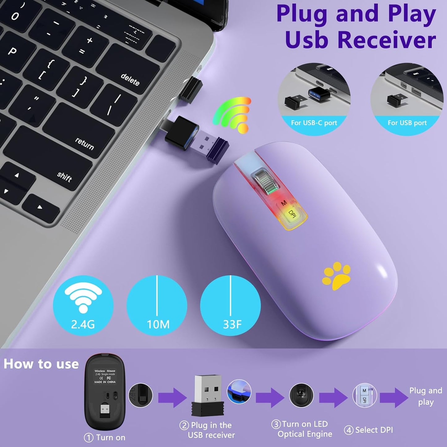 KARFUN 2.4G Wireless Mouse, Backlit LED Portable Slim Computer Mouses for Laptop, PC, Computer, MacBook, iPad